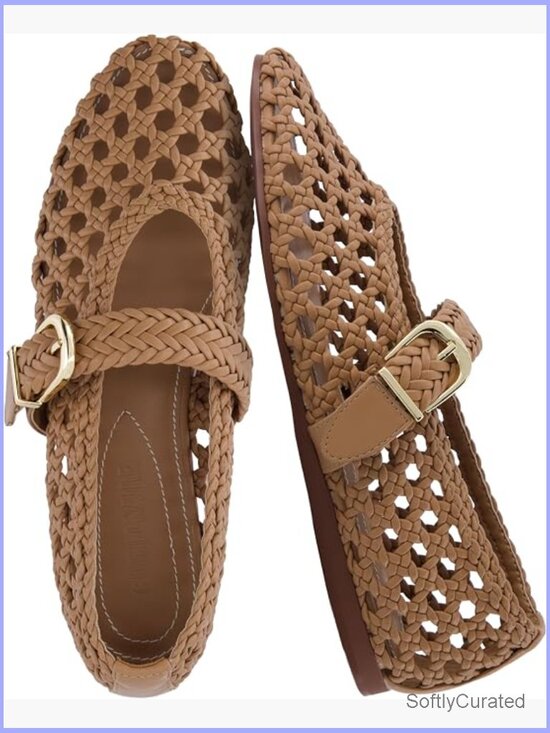 Shoes - Hand Woven Mary Jane Flats with Adjustable Buckle and Cushioned Insole